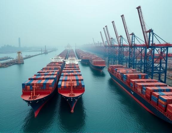 Cargo ships waiting at a busy port.