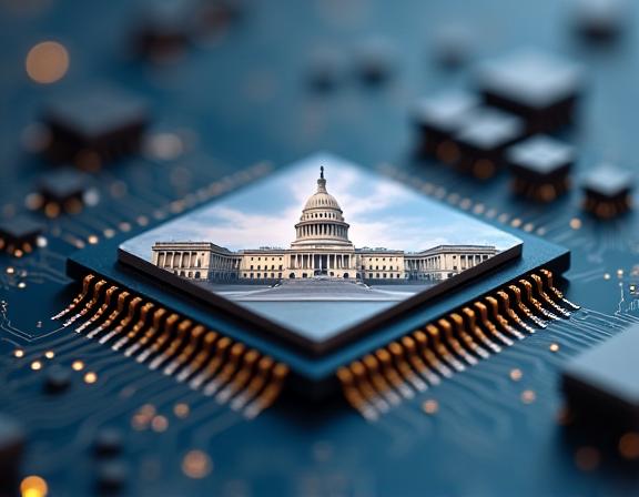A close-up of a microprocessor with a government building overlay.